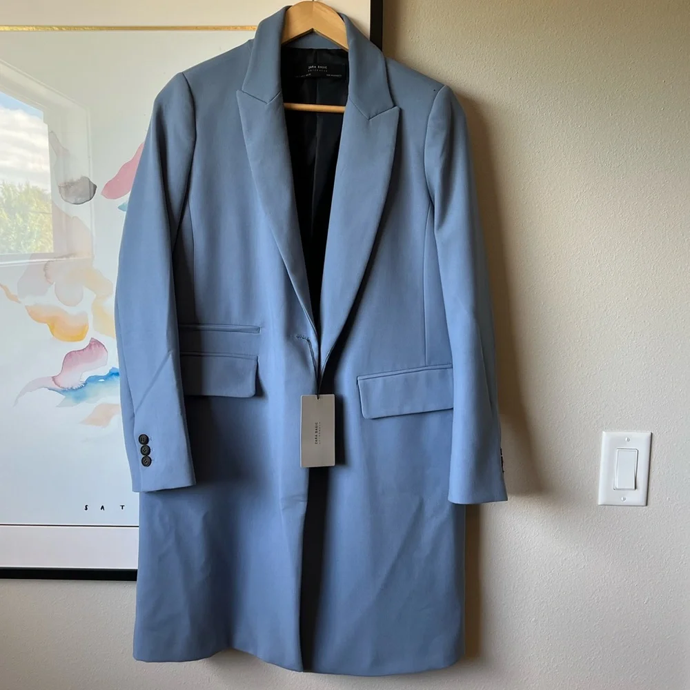 NWT Zara cornflower blue one button midi length jacket size S - Picture 1 of 9